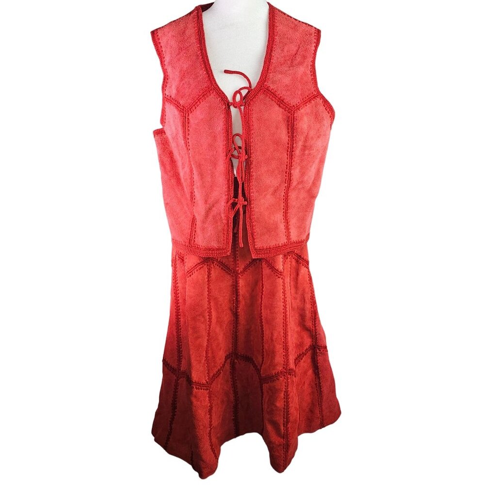 Vintage 1960s JC Penney 2 Piece Orange Cowhide Leather Knit Vest & Skirt Set, 20
